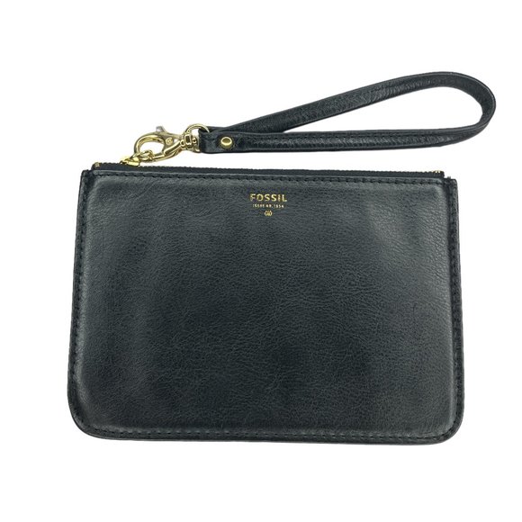 Fossil Black Cow Hide Leather Zip Top Wristlet Strap Wallet Pouch‎ 6.5" X 4.5" - Picture 1 of 6